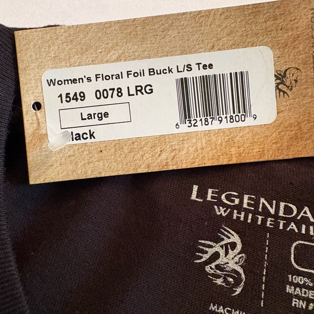 Legendary Whitetails Black L/S Tee with Gold Foil Floral Buck Design, L. NWT - Picture 6 of 8